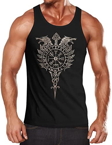 Neverless® Herren Tank-Fenrir Wolf Valknut Vegvisir Wikinger Odin Schwert Runen Kompass nordische Mythologie Muscle Shirt schwarz-Gold XL