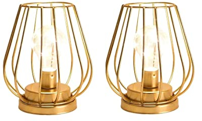 TRIROCKS 2 Set Modern Metall Batteriebetriebene Lampe 17 cm Groß Kleine Schnurlose Tischlampe Batterie Laternen mit Warmen Lichtern Birne für Patio Garten Hochzeit Parteien Innen Außen (Golden)