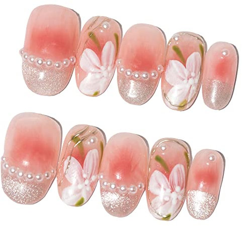 Sun&Beam Nails Handgefertigte Kunstnägel Mittel Lang Oval Nägel zum Aufkleben in Rosa Weiß Gold Blumen Glitzer Minimalistisch Design mit Klebepads 10 Stück (#001 M)