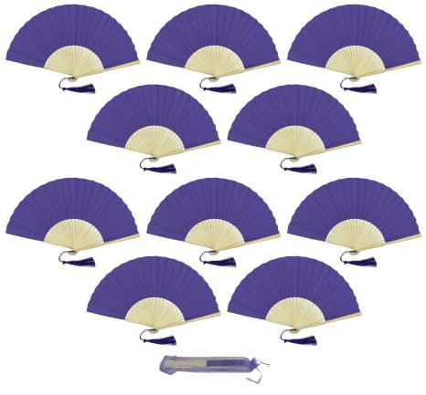 Pack of 10 Paper Handheld Folding Fan with a Tassel and Grade A Bamboo Ribs for Women Girls Summer Party Favour Birthday Wedding Gift (Dark Royal Purple)