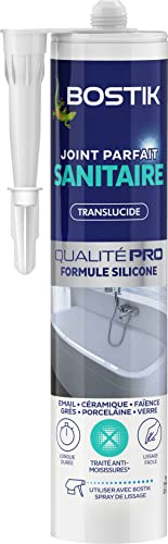 Bostik Mastic Silicone Etanchéité Sanitaire Joint Parfait – Traité Anti Moisissure – Facile à Lisser – Résiste aux Produits d'Entretien – Transparent – Cartouche de 280 ml