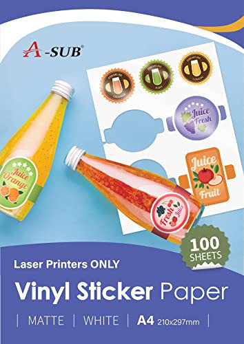 A-SUB Papel adhesivo de vinilo imprimible, resistente al agua, color blanco mate, etiquetas de vinilo autoadhesivas para impresoras Láser, tamaño A4, 100 hojas