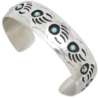 SILVERFOX Indianerschmuck Armreif mit 10 Türkisen Bärentatzen Motiv Westernschmuck Bear Paw Navajo Stil 925 Sterling Silber