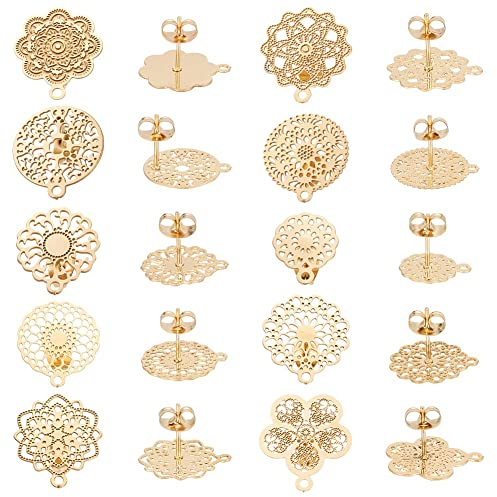 UNICRAFTALE 20 Stk 10 Stile 304 Edelstahl Blumen Ohrstecker Böhmische Hohle Flache Filigrane Ohrringe Mit Loch Ohrmuttern Metall Ohrstecker Komponente Für Herstellung von Ohrring Schmuck