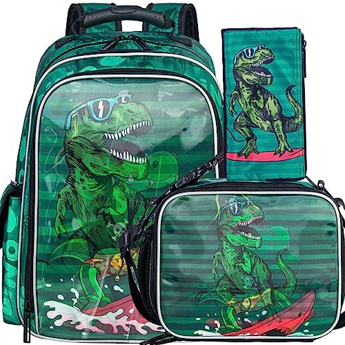gxtvo 3 mochilas de dinosaurio para niños, 16 pulgadas para niños de preescolar primaria y lonchera, Upgrade 16 Dinosaur Blue, Talla única