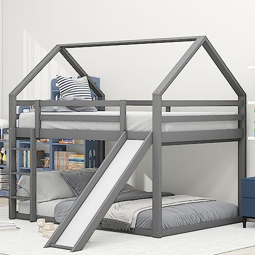 Dolamaní Hochbett Haus Etagenbett 2 Kinder 140x200 cm Grau, Kinderbett mit Rausfallschutz, Rutsche und Treppe können die Plätze tauschen