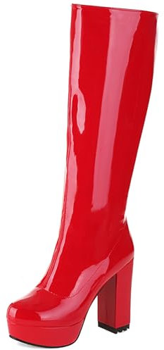 Lroey Reoly Stivali Alti Al Ginocchio da Donna con Tacco Largo, Stivali da Sera Punta Rotonda Tacco Alto Stivali Alti Zip con Plateau, U5654Kl Rosso Numero 40 EU