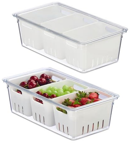 Relaxdays Kühlschrank, 2er Set, stapelbar, 3 Abtropfkörbe, Lebensmittel Organizer mit Deckel, transparent/weiß