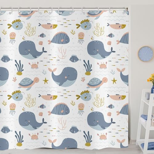 ASDCXZ Cortina de Ducha Mundo Submarino 180x200 cm, Textil Impermeable con Tortuga, Peces, Medusas para Niños - 12 Ganchos