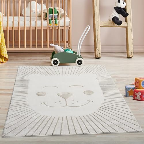 Kinderteppich Creme, Beige - 160x230 cm - Tier-Motiv Löwe - Kurzflor Teppiche Kinderzimmer, Spielzimmer