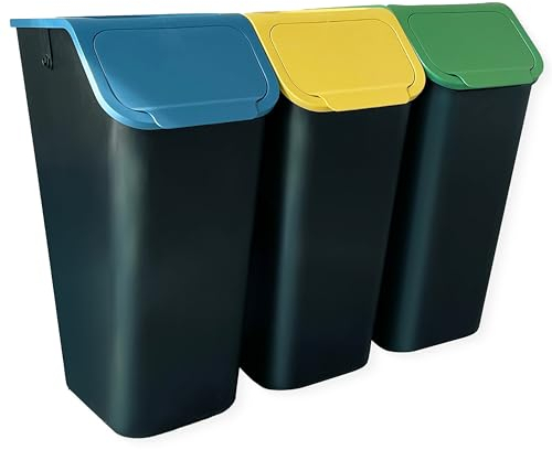 Go Practic Ensemble de 3 x 35l Poubelles de Cuisine avec Couvercle Coloré + filtres anti-odeurs, Plastique Corbeilles tri Selectif, Bacs de Recyclage Empilable, Conteneur à Déchets, Système de tri
