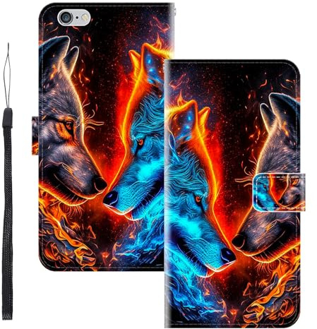 WUACYEAMING für iPhone 6 / 6S Hülle Premium PU Leder Flip Klappbare Stoßfeste Magnetische Schutzhülle Tasche mit Kartenfach Geld Slot Ständer Zwei Wölfe