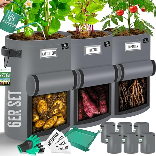 KESSER® Kartoffel-Pflanzsack 6-Set 38L | Kartoffel-Pflanzbeutel aus Vlies mit Namensschildern | Pflanztasche mit Fenster & Griffen | Kartoffelpflanzgefäß waschbar mit Handschuhen & Arbeitsmatte Grau