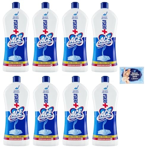 8x Ace Candeggina Più +Denso Fresco Profumo - igienizza superfici e bucato in profondità - Bottiglia Squeeze 1Lt + 1 Confezione di Talco Felce Azzurra in omaggio, Busta da 100g