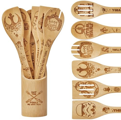 Star Gifts Küchendekor-Zubehör, Holzlöffel zum Kochen, 7 Stück, Kriegsgeschenke, Bambus-Utensilien, Spatel, Antihaft-Kochgeschirr für Frauen, Einweihungsgeschenk, Geburtstagsgeschenk
