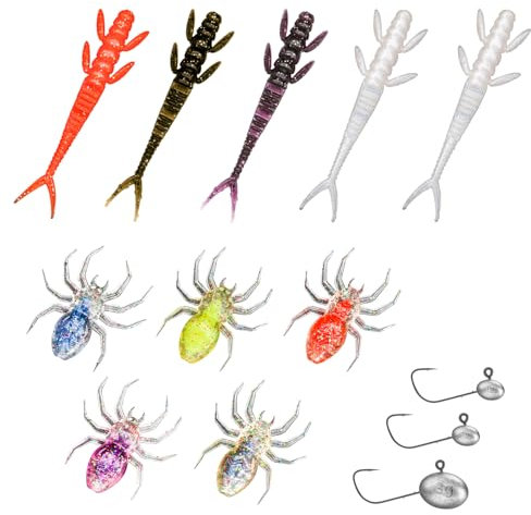 TABKSOLA Gummifische Set,Raubfischköder-Set,5 Stück 1.3g Spinnenköder, 4 Stück1.3gV-Tail Weichköder, mit 3 Jigköpfen