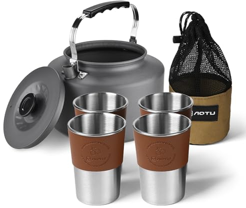 Solinder Hervidor de agua para camping con fuego abierto, hervidor de agua de camping de 2 litros + 4 vasos de acero inoxidable de 360 ml con tapas resistentes al calor y bolsillo para vasos, bolsa de
