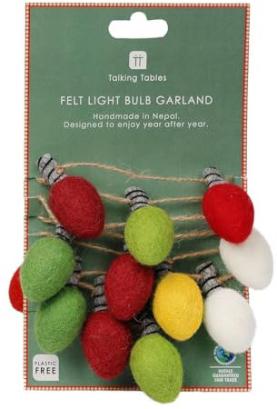 Talking Tables Christmas Tree Decorations | Felt Light Bulb Garland Xmas Tree Décor, Room Décor,Hanging Decoration, Dinner Party, Eco Friendly 2m -