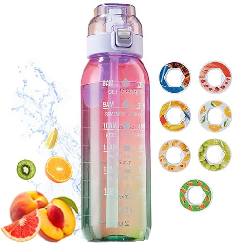 FOTEMIX Trinkflasche mit Geschmack, 1000ML Wasserflasche mit Pods BPA Frei Starterset 0 Zucker, Sport t、Trinkflasche mit Zeitmarkierung und Zeitmarkierung für Laufen und im Fitnessstudio (Lila)
