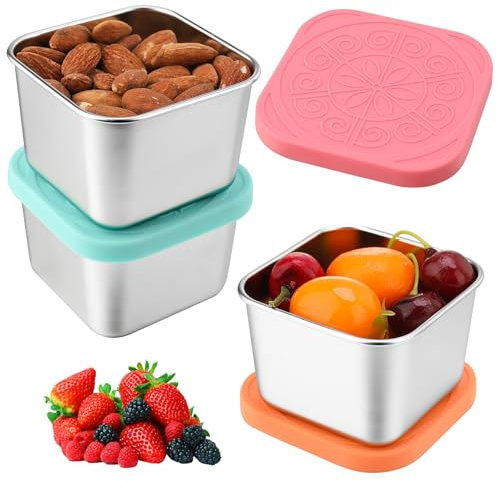 saerryor 3 Pack Small Food Containers with Silicone Lids, 180ml Reusable Leakproof Stainless Steel Snack Pots for Yogurt Salad Sauce Lunch