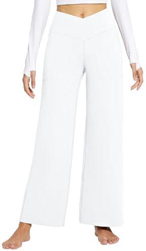 baleaf Weite Hose Damen Yogahose mit Taschen Stoffhose Hohe Taille Jogginghose Straighthose Bauchkontrolle Schlaghose Sporthose Weiß L