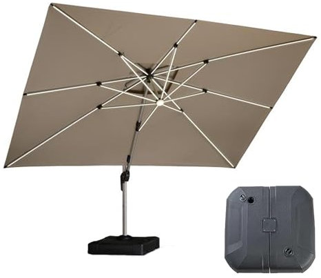 PURPLE LEAF Parasol Déporté 3 x 4 m Rectangulaire avec LED et Pied, Parasol de Jardin Extérieur à Toit Double Rotatif 360°, Pour Terrasses, Piscines, Restaurants Extérieurs, Beige