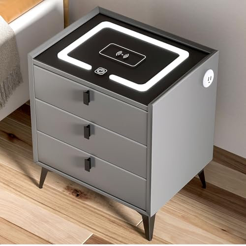 Oyajia Grey Smart Bedside Table with Wireless Charging, Nightstand with LED Light, 3 Drawers Nightstand, Chest of Drawers for Living Room/Bedroom.