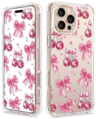 COBATREE for iPhone 16 Pro Clear Phone Case,with Cherry Bow Pattern Bumper Protective Shockproof Soft Cover Case for iPhone 16 Pro-Cherry Bow