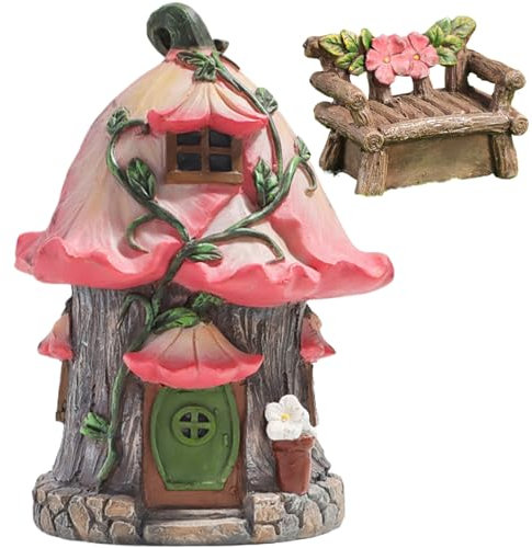 Hperu Fairy House Kit, Feengartenhaus, Feengarten -Kit, Harz Miniatur -Märchen -Haus, entzückendes Feengartenhaus ＆ Stuhl für Erwachsene für Kinder, wasserdichte Feenhäuser für draußen