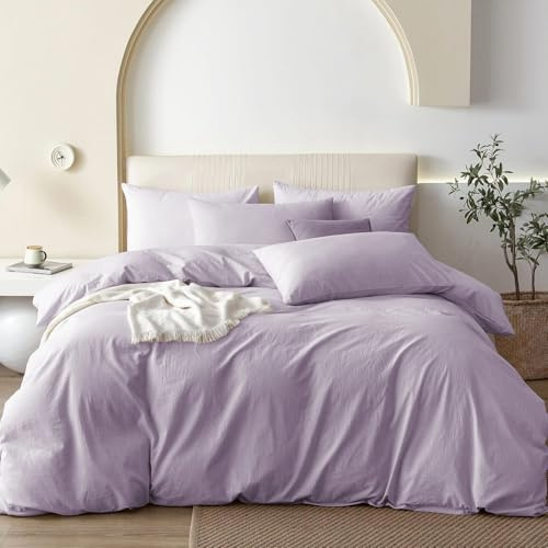 Bettwäsche 155x220 Baumwolle Lila Flieder Bettbezug und Kissenbezug 80x80cm | Baumwollbettwäsche Set, Lila Violett Einfarbig, Lavendel, ÖKO-TEX, Gewaschene Baumwolle Bettwäsche-Sets mit Reißverschluss
