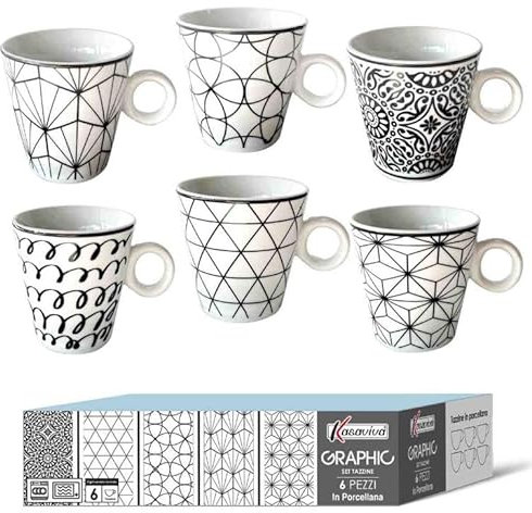 KASAVIVA Set 6 Tazze Tazzine in Ceramica Senza Piattini Graphic