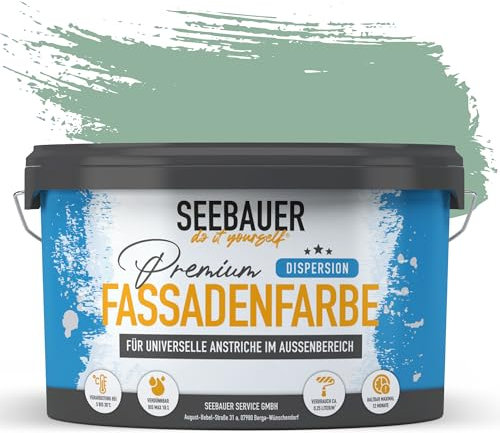 SEEBAUER diy Universal-Fassadenfarbe Grün 5L für Außen (No. 756 Lime Tingle) Hoch deckende Fassadenfarbe mit Wetterschutz - Geeignet für Putz, Mauerwerk und Beton
