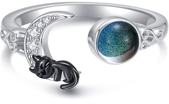 ONEFINITY Mood Ring 925 Sterling Silver Moon Black Cat Adjustable Thumb Open Ring Mood Jewelry Gifts for Women Mom Grandma