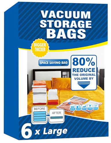 Vacuum Storage Bags - 6 Pack 80X60cm Large Reusable Space Saver Seal Bags for Travel, Compression Double Zipper Vacuum Storage Bags for Clothes, Beddings, Pillows, Duvets