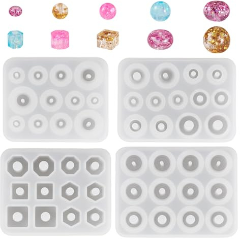 Craftora 4 moldes de resina de cuentas redondas, cuadrados, moldes de silicona de resina epoxi UV, moldes de fundición para manualidades, colgantes, fabricación de joyas