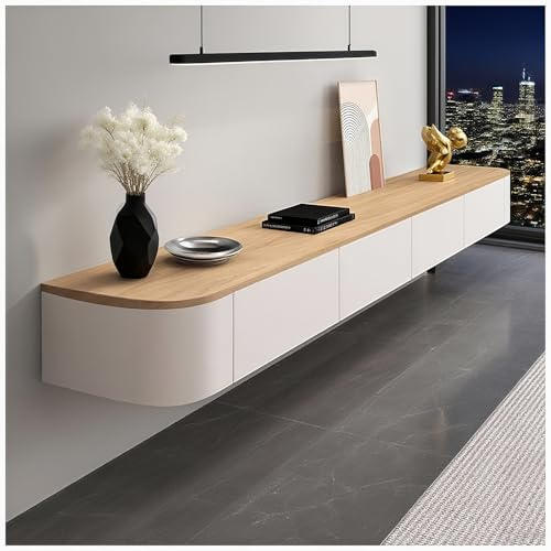 JUNFUNNLE Moderner TV Schrank 300CM Beige, TV Lowboard mit 2 Schubladen 1 Klappen Türen, Fernsehtisch mit Kabelmanagement, TV Tisch für Wohnzimmer und Esszimmer
