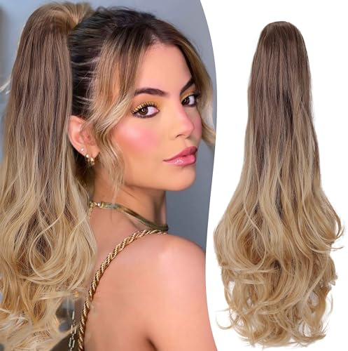Gairyan 50cm Pferdeschwanz Haarteil Zopf Extensions Lang Lockige Claw Clip in Ponytail Extension Synthetik Haarextensions Gewellt Haarteil Haarverlängerung für Frauen, Braun Ombre Blond