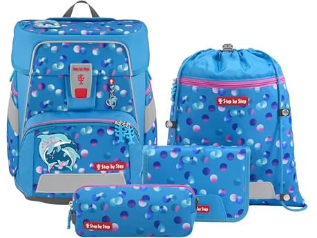 Step by Step Schulranzen-Set Space „Dolphin Finja“ 5-teilig, blau, Delfin-Design, ergonomischer Tornister mit Reflektoren, höhenverstellbar mit Hüftgurt für Mädchen ab der 1. Klasse, 20L