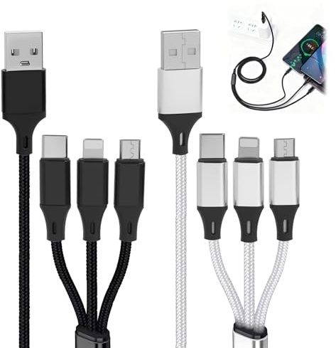 2Pack Multi Charger Cable, 3 in 1 Nylon Fast Charging Cord, Charging Cable with Micro USB Type C Lighting Connector, Compatible with iPhone, Android, Samsung, Huawei, Nexus, Nokia, Black and Sliver