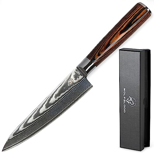 Wolfblood Damastmesser L 26cm Chefmesser aus echtem 67 Lagen Damaststahl | 62±2 HRC TÜV-geprüfter, optimierter VG-10 Stahl | Damast Küchenmesser 26 cm mit 14 cm Klinge, Klingenschutz & Geschenkbox