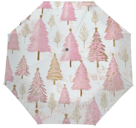 Ginfult Pink Christmas Xmas Tree Pattern Travel Compact Umbrella Windproof Auto Open Close Folding Umbrellas for Rain Women Men