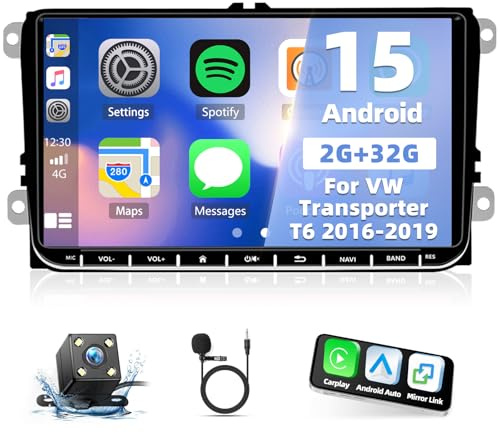 Android 14 2 DIN Autoradio Für VW Transporter T6 2016-2019 mit kabellosem Carplay Android Auto Doppel Din Radio 9 Zoll Touchscreen mit GPS Navi WiFi Bluetooth RDS FM Radio SWC Mikrofon Rückfahrkamera