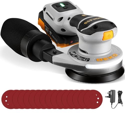 Orbital Sander: DEKOPRO 20V Brushless Cordless Sander with 16Pcs Sandpapers, 12,000 RPM, 125MM, with Self-Suction Function and LED Work Light,(2.0Ah Battery Included)
