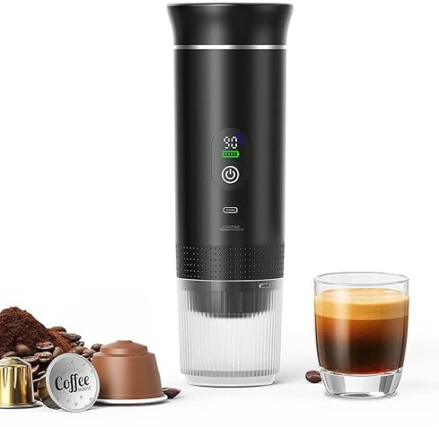 Cucina di Modena Siebträgermaschine: Akku-Espressomaschine mit Wasserkocher, 20 bar, für Pulver und Kapseln (Espresso-Kaffeemaschine, Espresso-Siebträgermaschine)