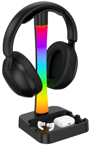 LOGANBEY RGB Headphone Stand with 10 Light Modes, Gaming Headset Holder with 2 USB Charging Ports, Sturdy Desk Headphone Hanger Organiser for Desk, Unique Gamer Gifts & Gaming Accessories (Black)