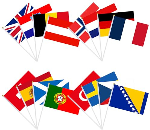 16 Stück 16 Länder Euro Flagge Klein für Deko WM 2026, 2026 WM Fußball Deko, Doppelseitige Stoff Internationale Länderflaggen der Welt, Europa Fähnchen für Fußball EM, EM Eurovision, Olympische