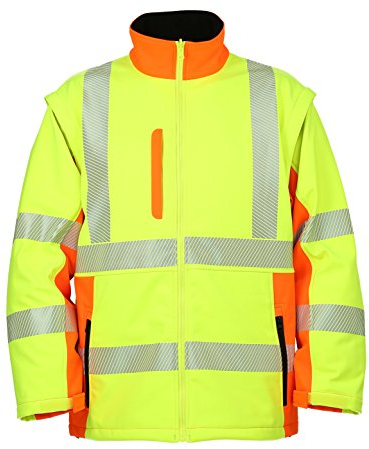 LeiKaTex Warnschutz-Softshelljacke mit Stehkragen und abnehmbaren Ärmeln (XXL, Neongelb/Orange) Funktionsmaterial, Taschen, Reflexstreifen, Kinnschutz, Winter Arbeitsjacke Warnschutzjacke EN 20471