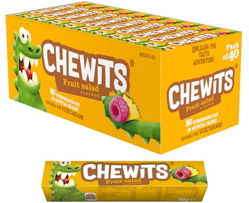 Chewits Sweets - Fruit Salad Chewy Sweets Multipack - Bulk Box 40 Sticks Individually Wrapped - Made with Real Fruit Juice - Vegetarian, No Artificial Colours - Classic British Sweet