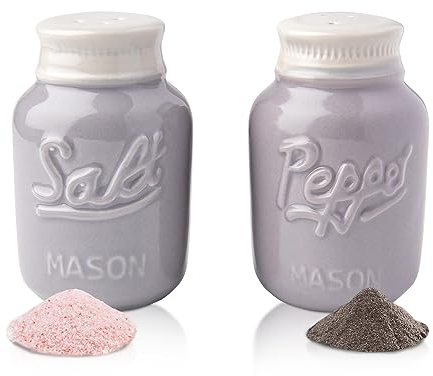 Vintage Mason Jar Salt & Pepper Shakers by Comfify - Adorable Decorative Mason Jar Decor for Vintage, Rustic, Shabby Chic - Sturdy Ceramic in Grey - 100 ml Cap.