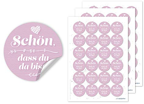 typographus Schön DASS du da bist Aufkleber in rosa mit Herzen – 72x Hochzeitsaufkleber rund Ø 4cm Sticker für Gastgeschenke & Tischdeko